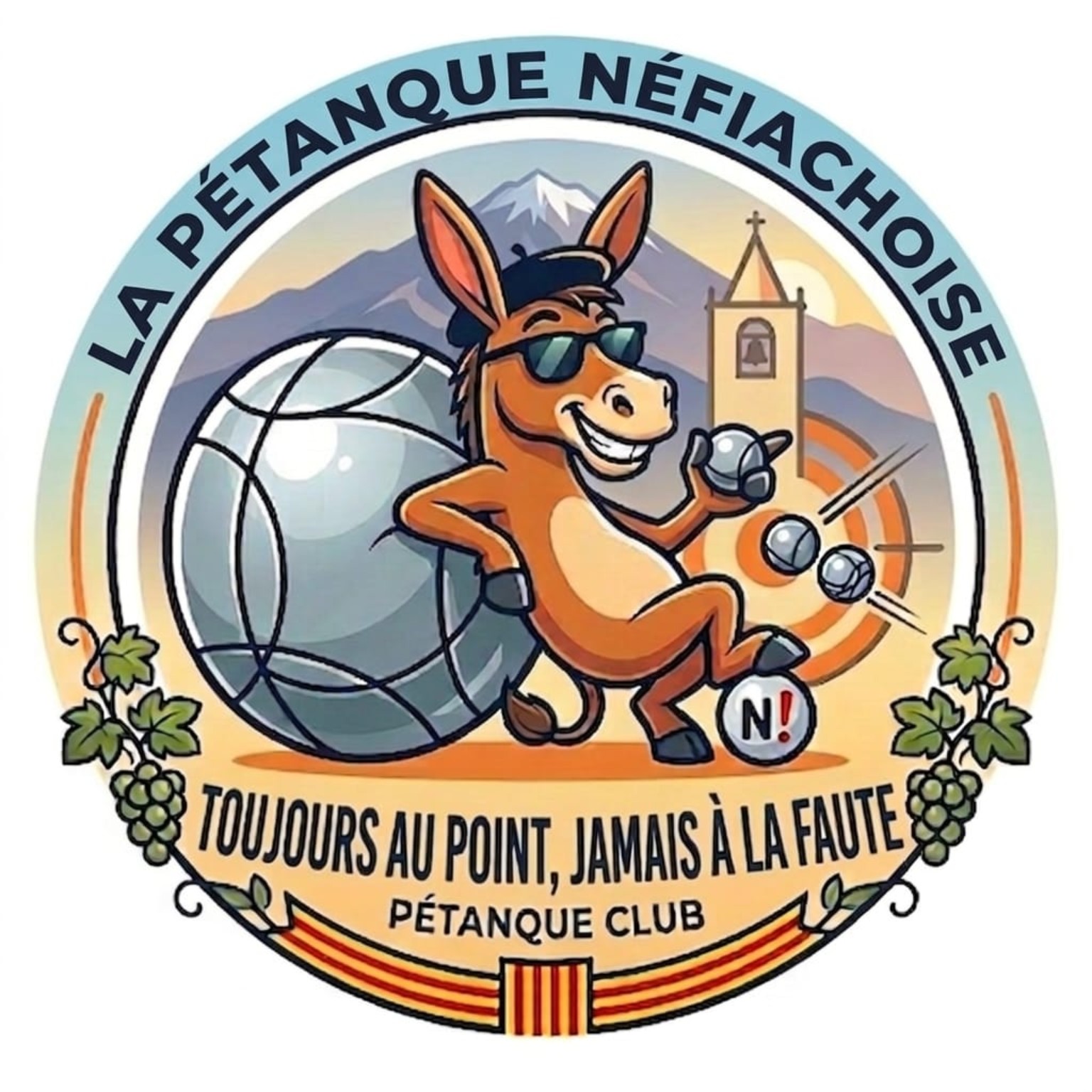 Logo de La Pétanque Néfiachoise : un âne à lunettes de soleil et une boule de pétanque